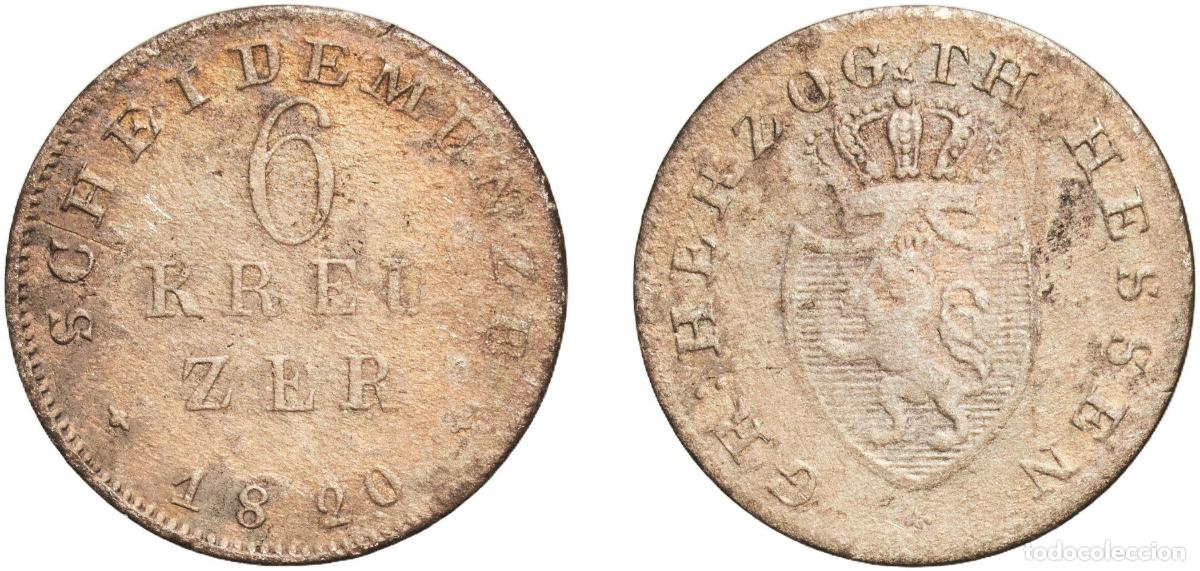 Monedas antiguas de Europa: Germany Grand Duchy of Hesse-Darmstadt German states 1820 6 Kreuzers - Louis I Billon (.343 silver)
