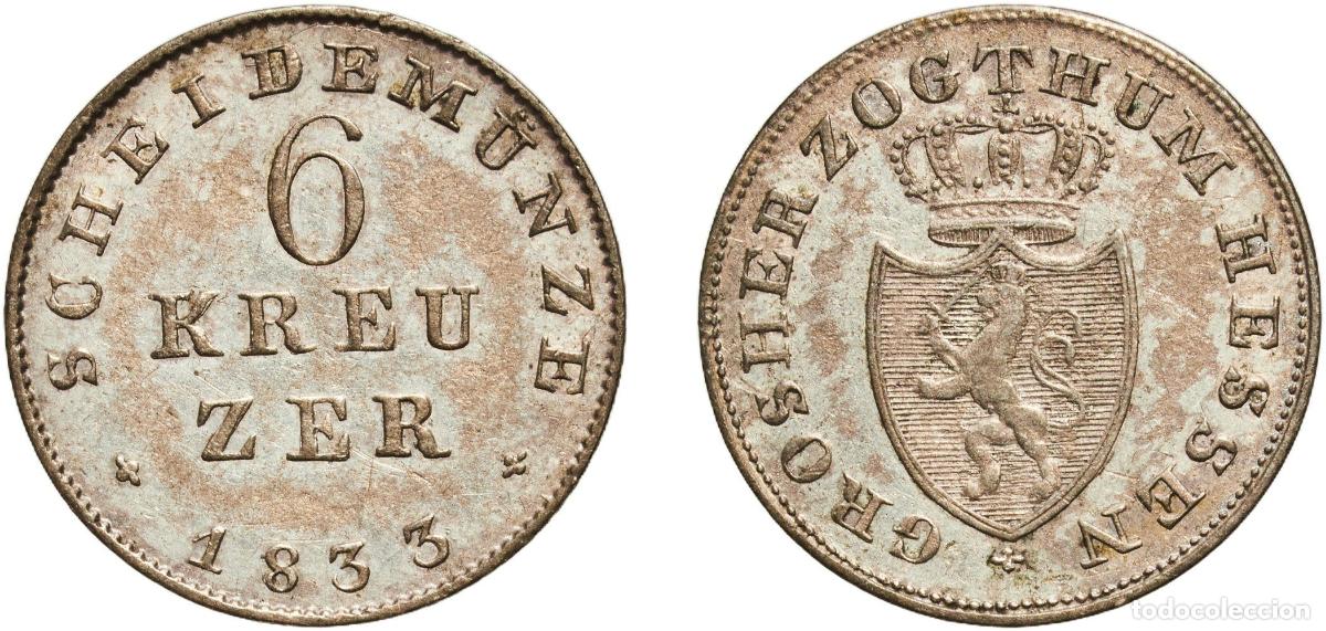 Monedas antiguas de Europa: Germany Grand Duchy of Hesse-Darmstadt German states 1833 6 Kreuzers - Louis II Billon (.343 silver