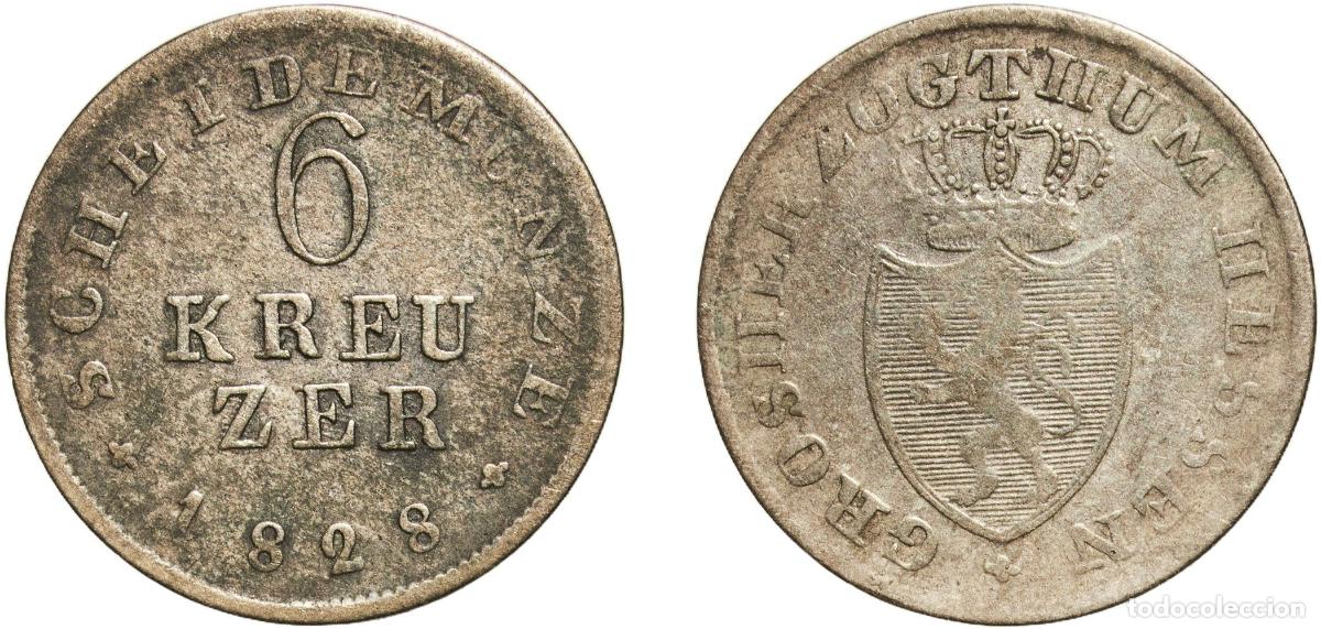 Monedas antiguas de Europa: Germany Grand Duchy of Hesse-Darmstadt German states 1828 6 Kreuzers - Louis I Billon (.343 silver)