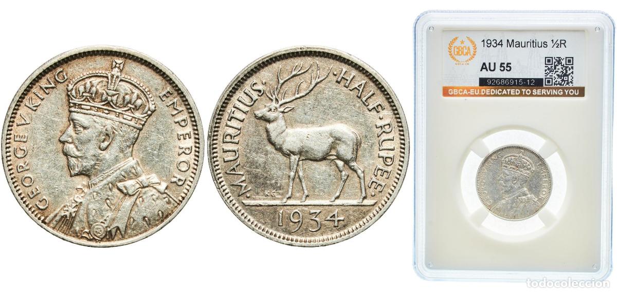 Monedas antiguas de Europa: Mauritius British crown colony 1934 &frac12; Rupee - George V Silver (.916) Royal Mint (Tower Hill) (10000