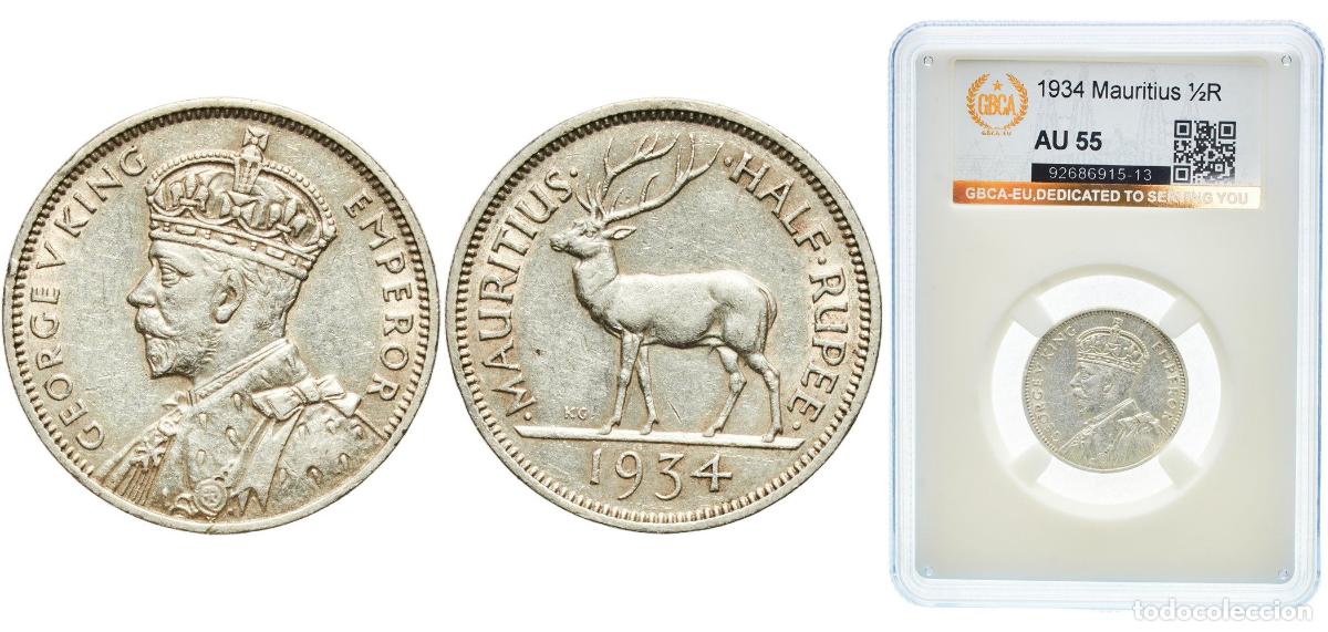 Monedas antiguas de Europa: Mauritius British crown colony 1934 &frac12; Rupee - George V Silver (.916) Royal Mint (Tower Hill) (10000