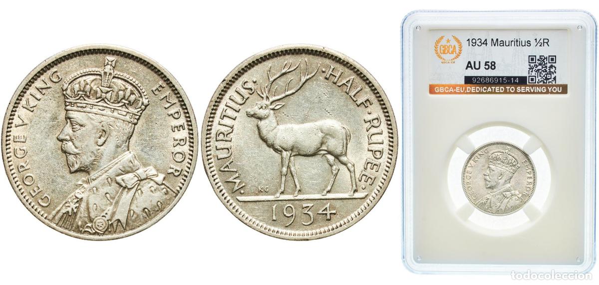 Monedas antiguas de Europa: Mauritius British crown colony 1934 &frac12; Rupee - George V Silver (.916) Royal Mint (Tower Hill) (10000