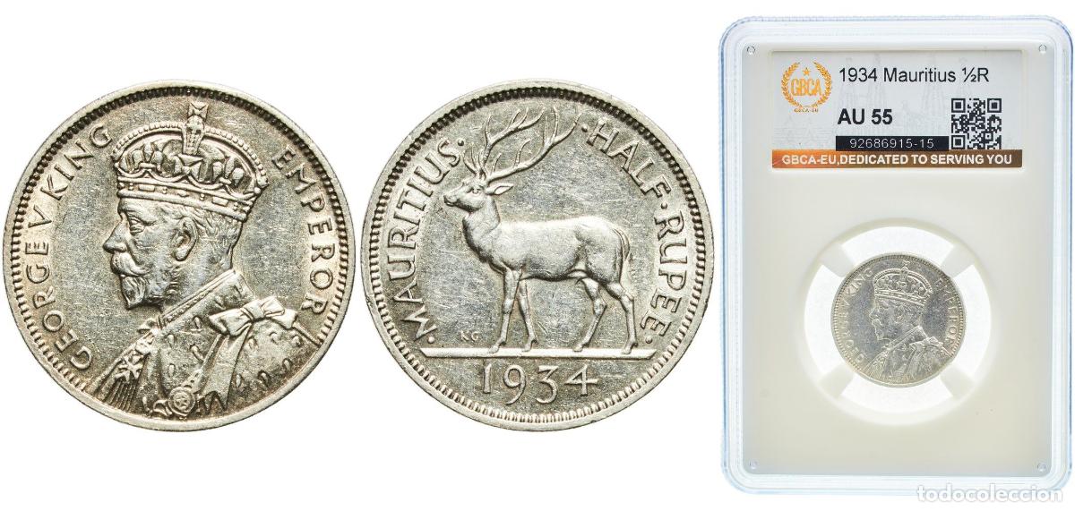Monedas antiguas de Europa: Mauritius British crown colony 1934 &frac12; Rupee - George V Silver (.916) Royal Mint (Tower Hill) (10000