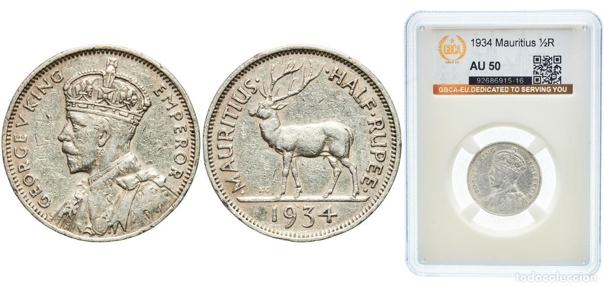 Monedas antiguas de Europa: Mauritius British crown colony 1934 &frac12; Rupee - George V Silver (.916) Royal Mint (Tower Hill) (10000