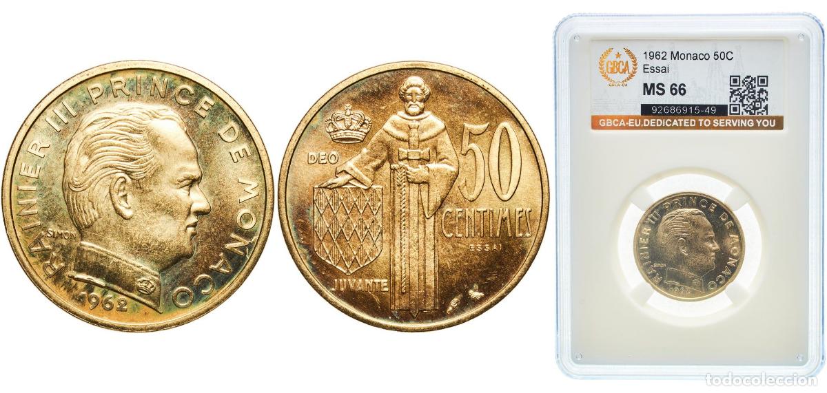 Monedas antiguas de Europa: Monaco Principalty 1962 50 Centimes - Rainier III (Essai) Aluminium bronze Paris Mint 7.5g GBCA MS