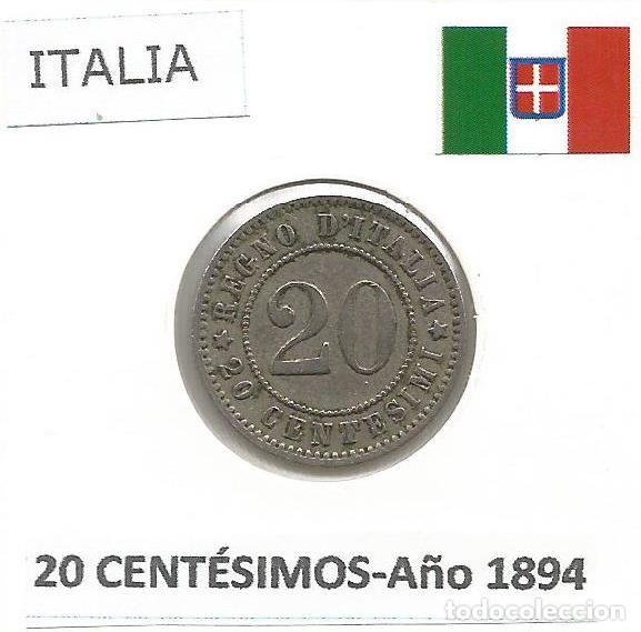 Monedas antiguas de Europa: ITALIA. MONEDA DE 20 CENT&Eacute;SIMOS-CENTESIMI A&Ntilde;O 1894. ENCARTONADA