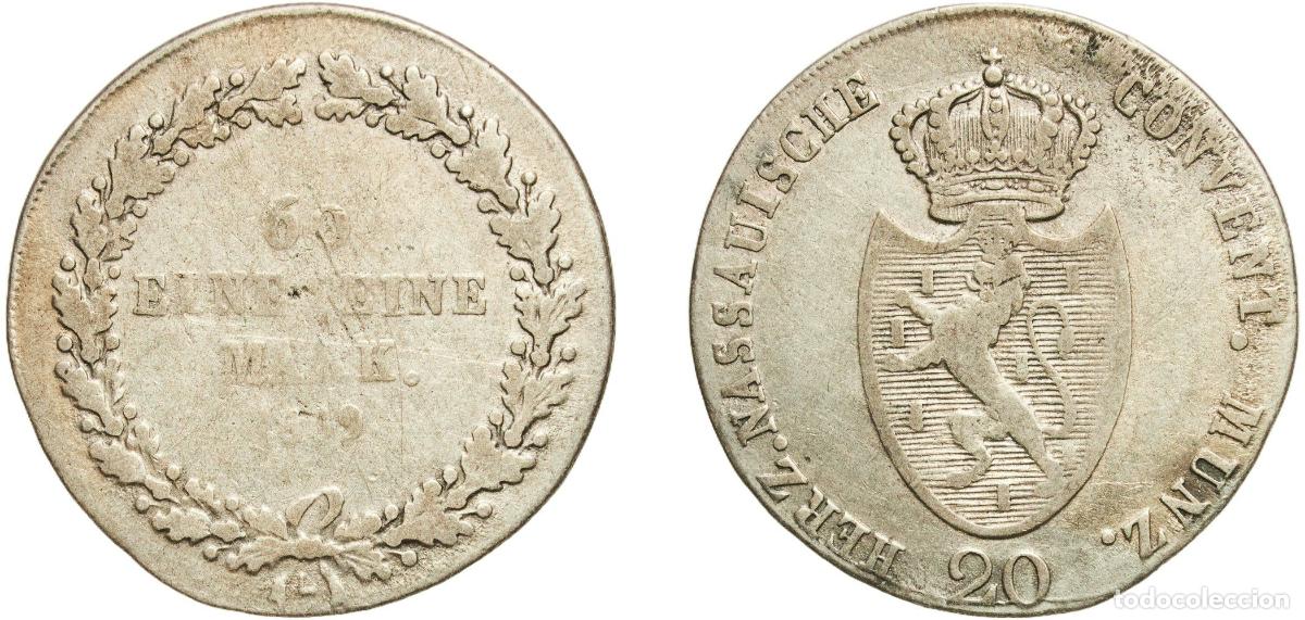 Monedas antiguas de Europa: Germany Duchy of Nassau German states 1809 20 Kreuzer - Frederick August Silver (.583) Ehrenbreitst