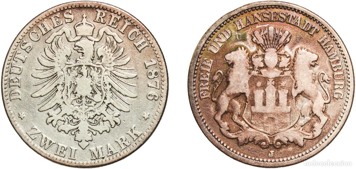Monedas antiguas de Europa: Germany Free Hanseatic city of Hamburg German states 1876 J 2 Mark Silver (.900) Hamburg Mint (2325
