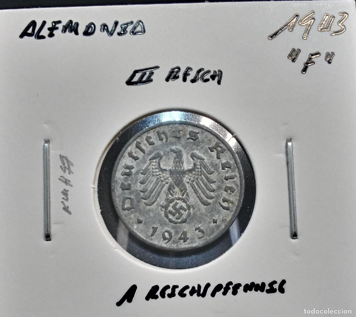Monedas antiguas de Europa: ALEMANIA III REICH 1 REICHSPFENNIG 1943 F KM#97 BC+.
