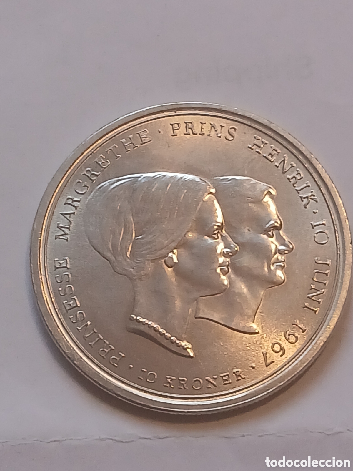 Monedas antiguas de Europa: 10 Kroner Dinamarca 1967.Princesa Margarita.plata