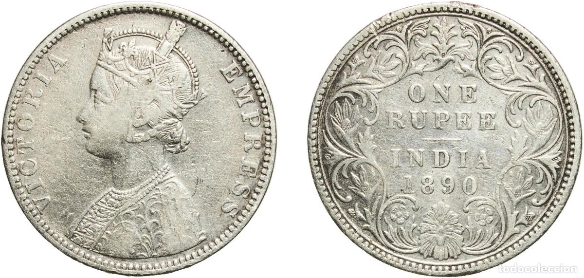 Monedas antiguas de Europa: India British Raj 1890 B incuse 1 Rupee - Victoria Silver (.917) Bombay Mint (92900000) 11.54g VF
