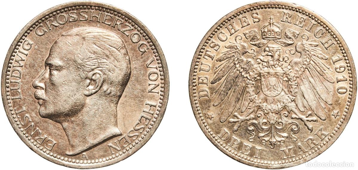 Monedas antiguas de Europa: Germany Grand Duchy of Hesse-Darmstadt German states 1910 A 3 Mark - Ernst Ludwig Silver (.900) Ber