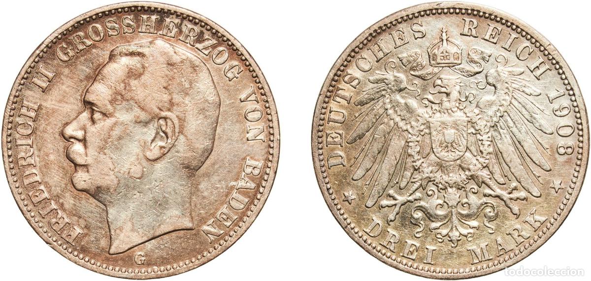 Monedas antiguas de Europa: Germany Grand Duchy of Baden Second Empire 1908 G 3 Mark - Friedrich II Silver (.900) Staatliche M&uuml;