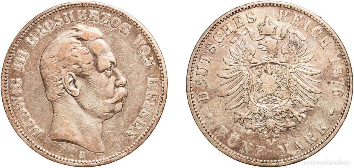 Monedas antiguas de Europa: Germany Grand Duchy of Hesse-Darmstadt German states 1876 H 5 Mark - Ludwig III Silver (.900) Darms