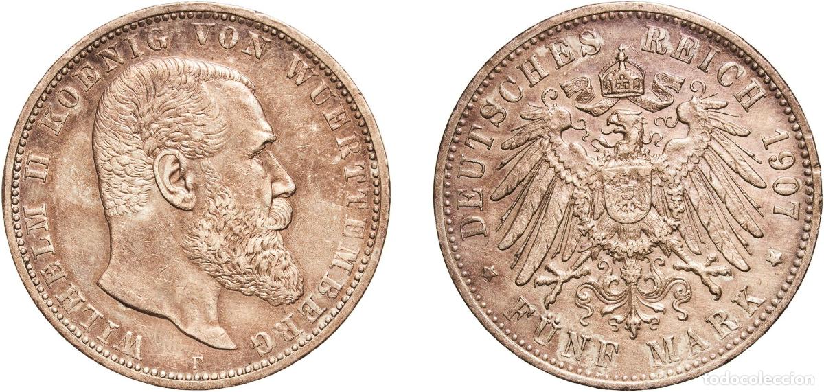 Monedas antiguas de Europa: Germany Kingdom of W&uuml;rttemberg German states 1907 F 5 Mark - Wilhelm II Silver (.900) Staatliche M&uuml;