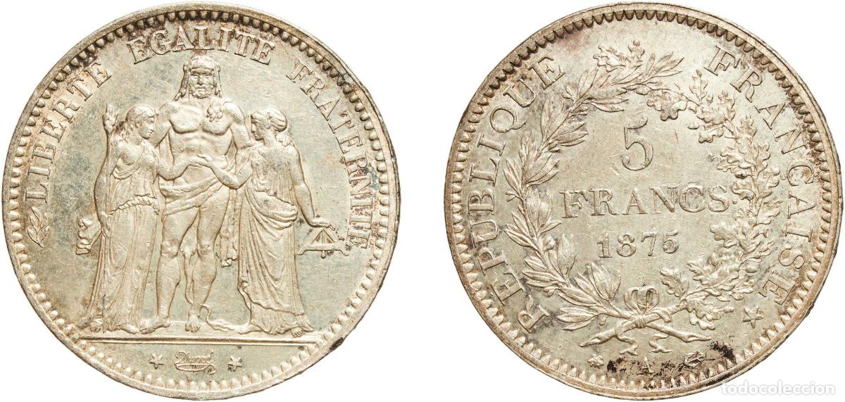 Monedas antiguas de Europa: France Third Republic 1875 A 5 Francs Silver (.900) Paris Mint (13338560) 25g AU Franc 2014 334/14