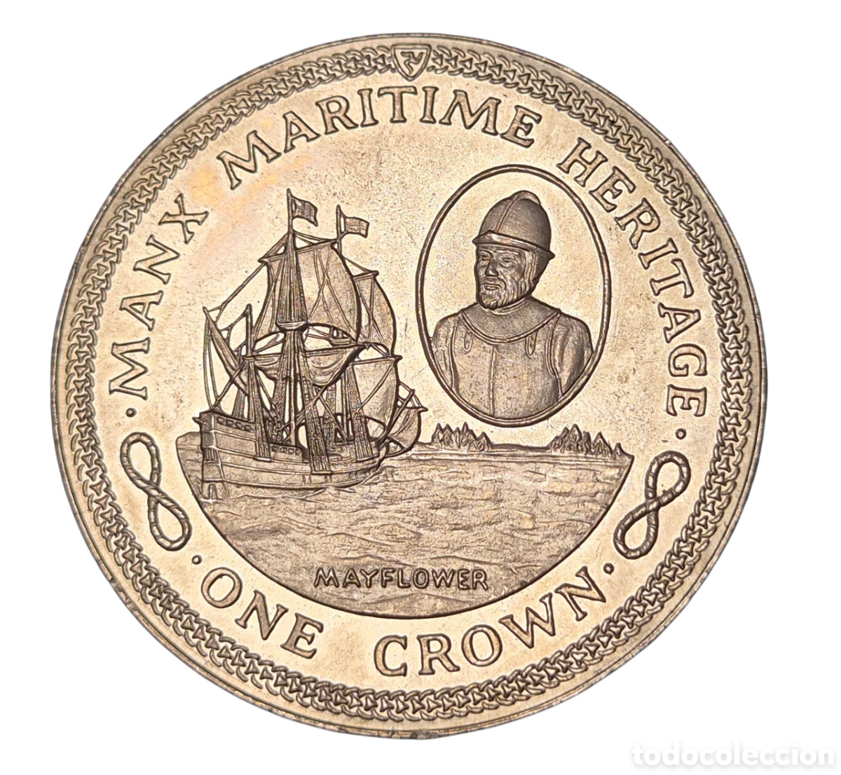 Old Coins of Europe: Isla de Man. Isabel II 1 Crown 1982 Mayflower Max Maritime Heritage, Cu-Ni FDC