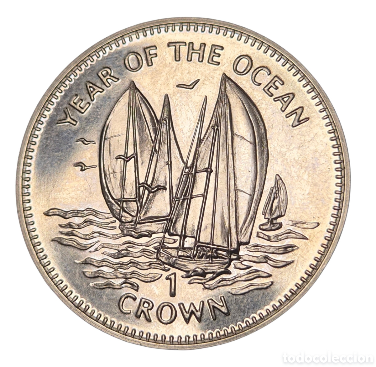 Monnaies anciennes de Europe: Serie de Navegantes y hechos famosos. Isla de Man. Isabel II 1 crown 1998 A&ntilde;o de los Oc&eacute;anos