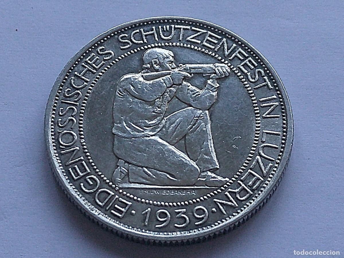 Monedas antiguas de Europa: Suiza Lucerna 5 francos de plata 1939. Brillo original. 15ec29