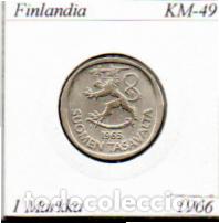 Monedas antiguas de Europa: FINLANDIA 1966, 1 MARKKA, KM-49, AG, EBC