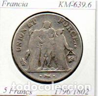 Monedas antiguas de Europa: FRANCIA 1796-1802, 5 FRANCS, A&Ntilde;O 9, L. BAYONNE, KM-639.6, AG. BC