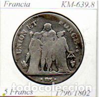 Monedas antiguas de Europa: FRANCIA 1796-1802, 5 FRANCS, A&Ntilde;O 8, Q. NARBONNE, KM-639.8, AG. BC