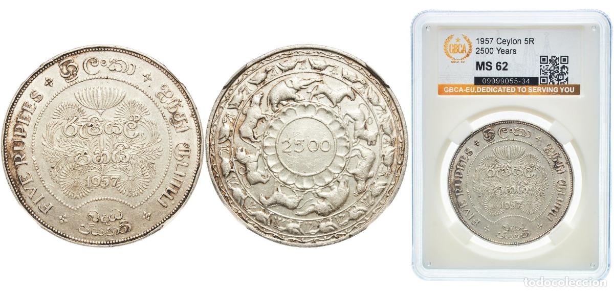 Monedas antiguas de Europa: Sri Lanka British Ceylon colony 1957 5 Rupees - Elizabeth II (Buddha) Silver (.925) Royal Mint (Tow