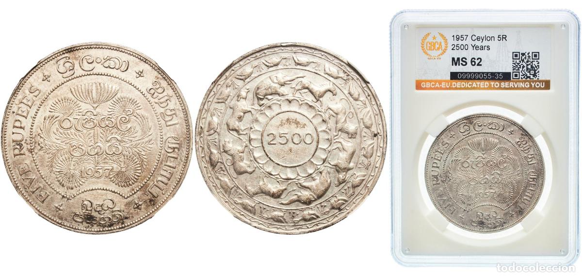 Monedas antiguas de Europa: Sri Lanka British Ceylon colony 1957 5 Rupees - Elizabeth II (Buddha) Silver (.925) Royal Mint (Tow