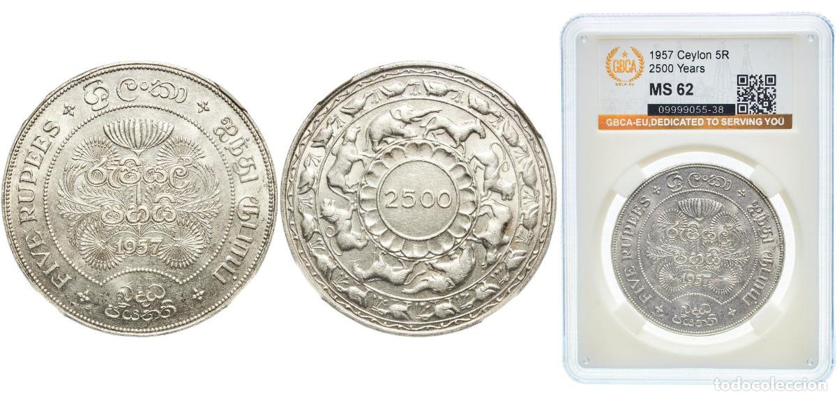 Monedas antiguas de Europa: Sri Lanka British Ceylon colony 1957 5 Rupees - Elizabeth II (Buddha) Silver (.925) Royal Mint (Tow