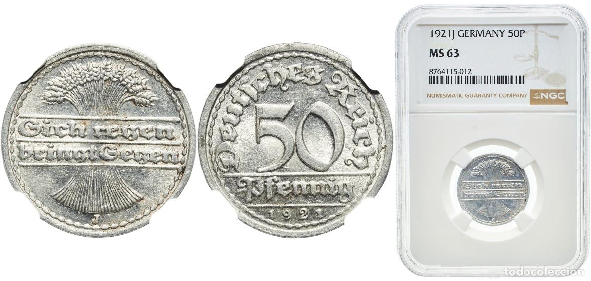 Monedas antiguas de Europa: Germany Weimar Republic 1921 J 50 Pfennig Aluminium Hamburg Mint (28012859) 1.65g NGC MS 63 KM 27
