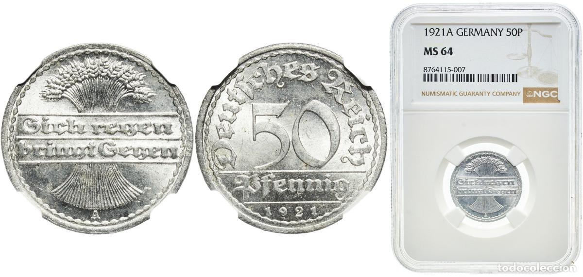Monedas antiguas de Europa: Germany Weimar Republic 1921 A 50 Pfennig Aluminium Berlin Mint (184468127) 1.65g NGC MS 64 KM 27