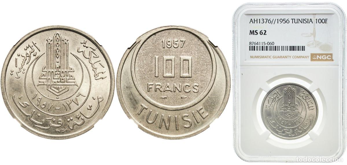 Monedas antiguas de Europa: Tunisia French Protectorate AH1376 (1956) 100 Francs (Muhammad VIII 1957) Copper-nickel (75% Copper