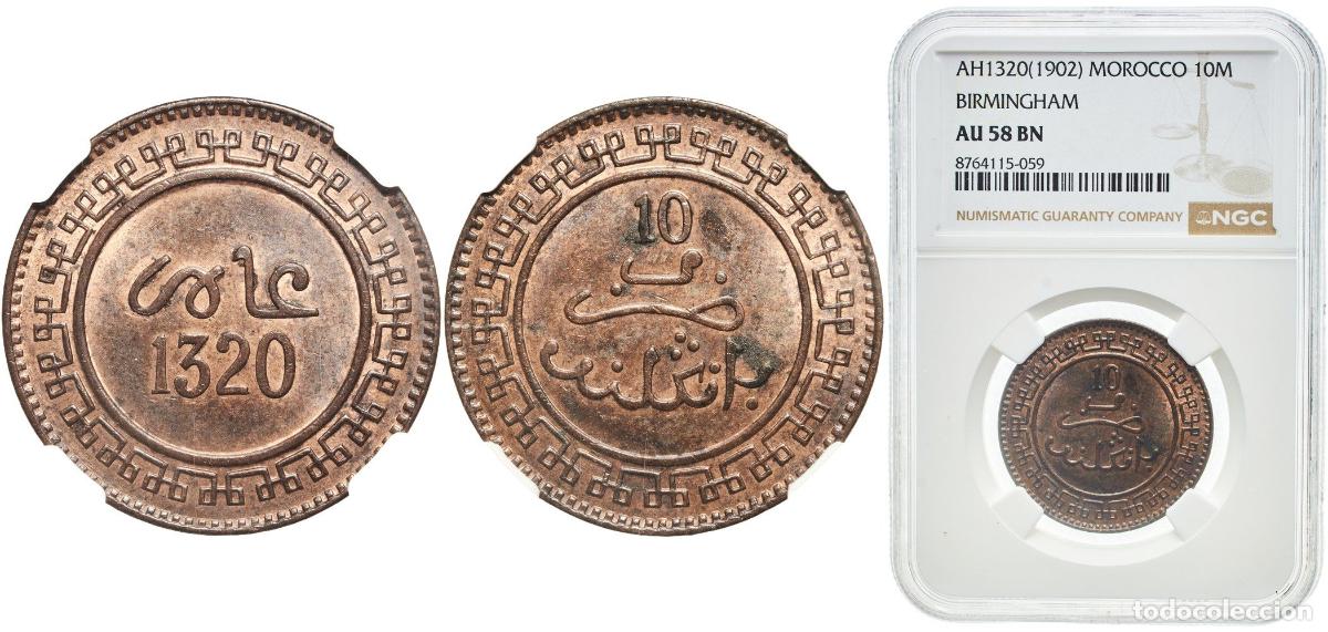 Monedas antiguas de Europa: Morocco Kingdom AH1320 (1902) Bi 10 Mazunas - Abd al-Aziz (Birmingham Mint) Original luster Bronze