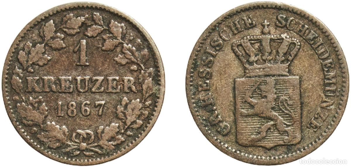 Monedas antiguas de Europa: Germany Grand Duchy of Hesse-Darmstadt German states 1867 1 Kreuzer - Louis III Billon (.166 silver