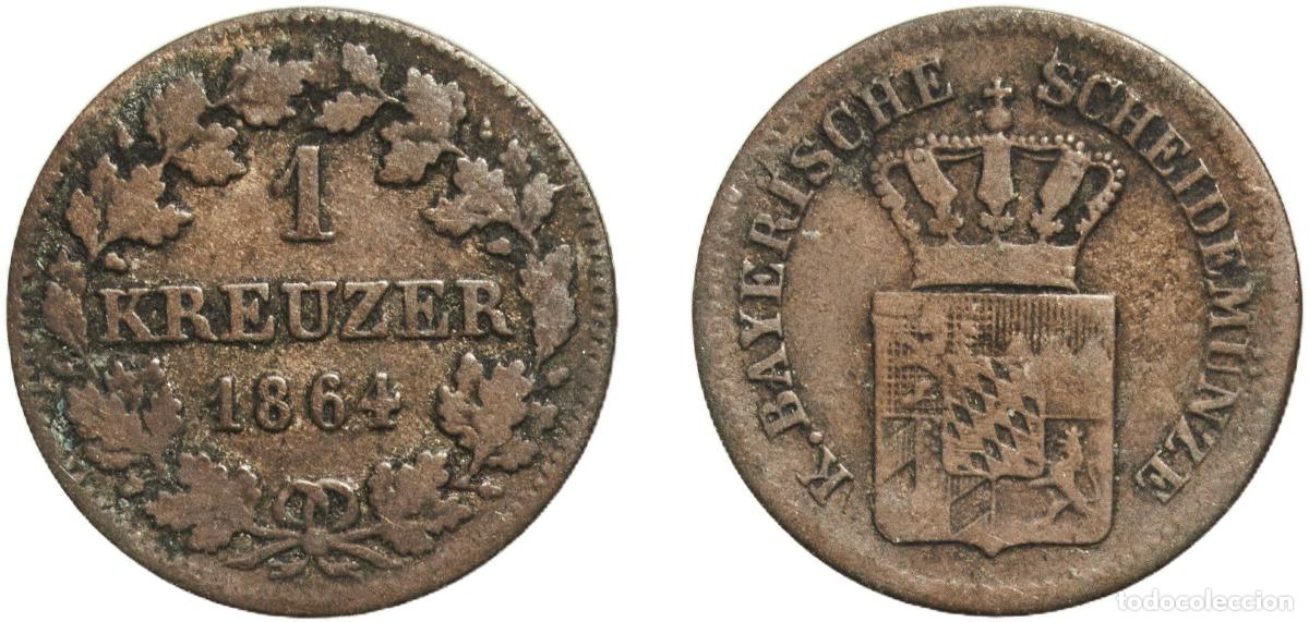 Monedas antiguas de Europa: Germany Kingdom of Bavaria German states 1864 1 Kreuzer - Maximilian II Billon (.166 silver) Munich