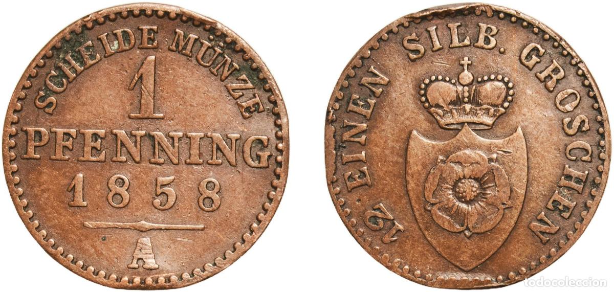 Monedas antiguas de Europa: Germany Principality of Lippe German states 1858 A 1 Pfenning - Paul Friedrich Emil Leopold III Cop