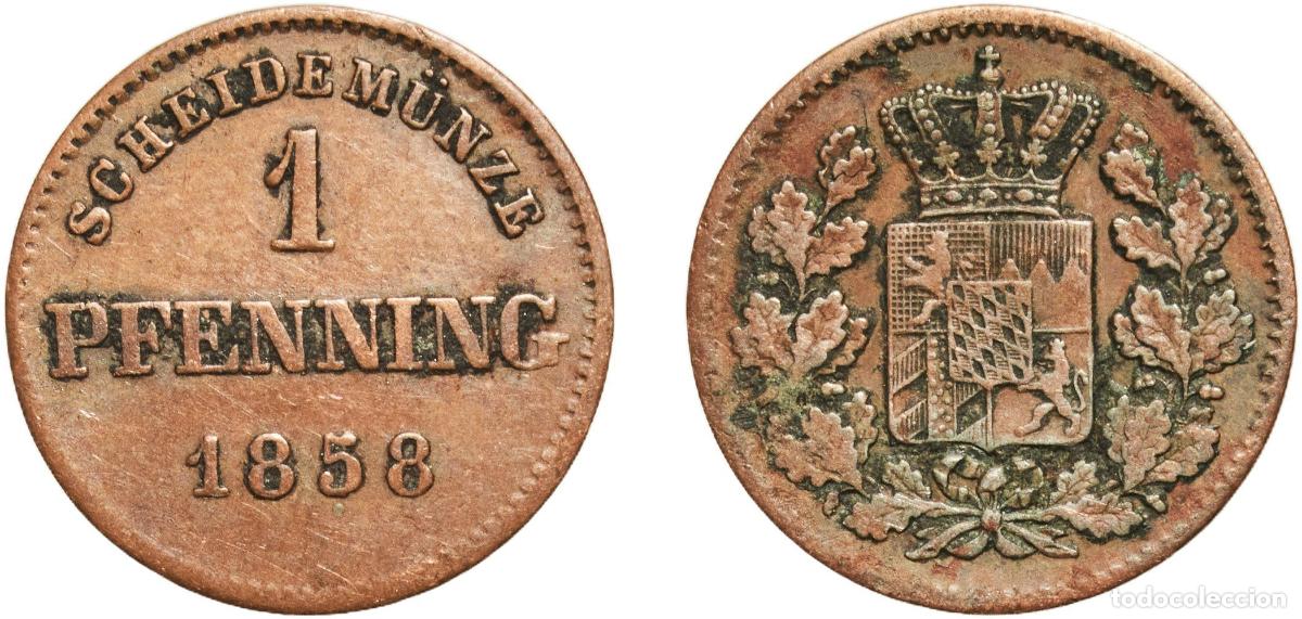 Monedas antiguas de Europa: Germany Kingdom of Bavaria German states 1858 1 Pfenning - Maximilian II Copper Munich Mint 1.13g X