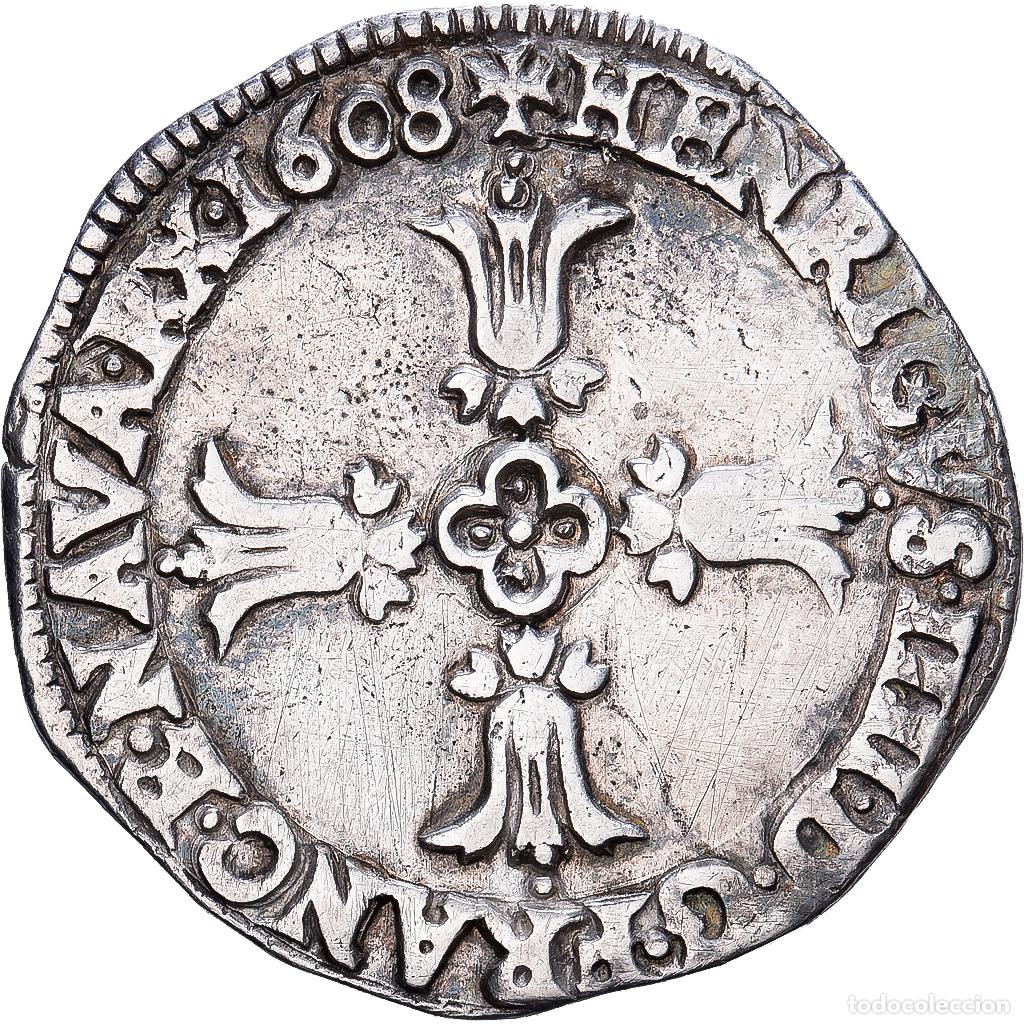 Monedas antiguas de Europa: [#1545879] Francia, Henri IV, 1/4 Ecu, Croix feuillue de face, 1608, Bayonne, Plata, BC+