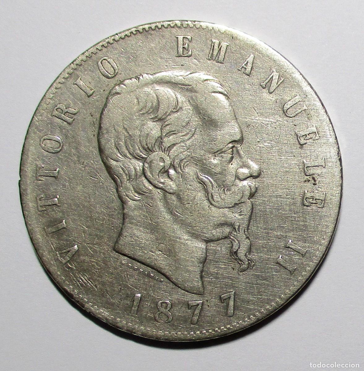 Monedas antiguas de Europa: ITALIA, 1877. VITTORIO EMANUELE II. MONEDA DE PLATA DE 5 LIRAS. CECA: R (ROMA). LOTE 5726