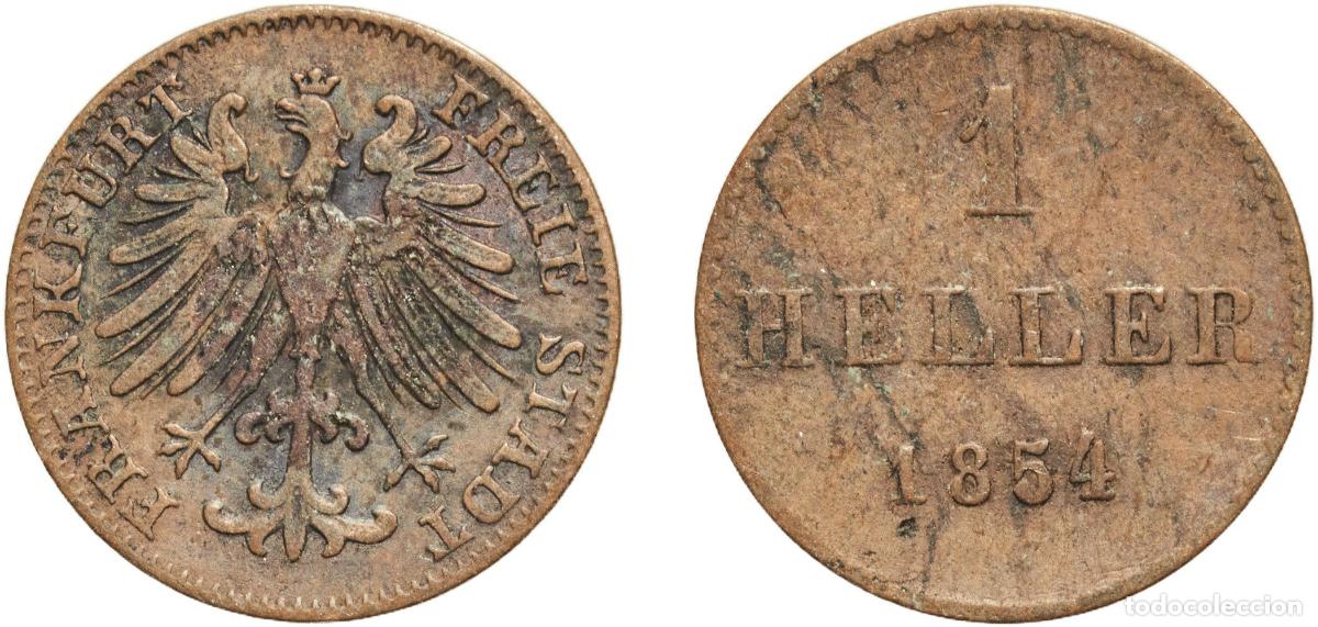 Monedas antiguas de Europa: Germany Free imperial city of Frankfurt German states 1854 1 Heller Copper (271000) 1.5g XF AKS 34