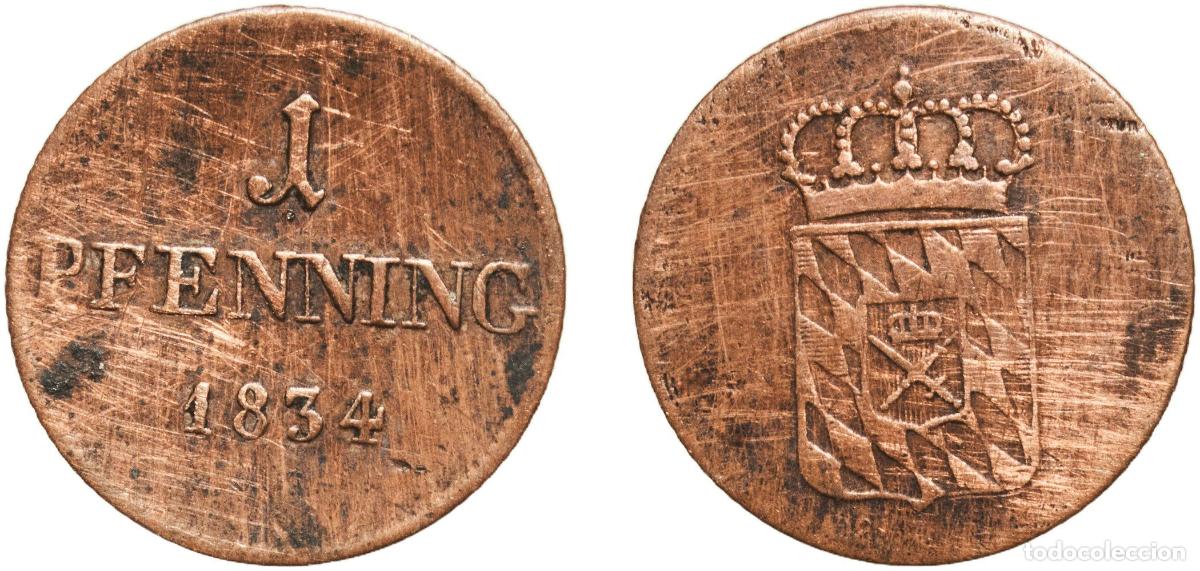 Monedas antiguas de Europa: Germany Kingdom of Bavaria German states 1834 1 Pfennig - Louis I Copper Munich Mint 1.28g VF Clean