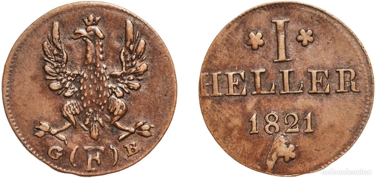 Monedas antiguas de Europa: Germany Free imperial city of Frankfurt German states 1821 F 1 Heller Copper Frankfurt am Main Mint