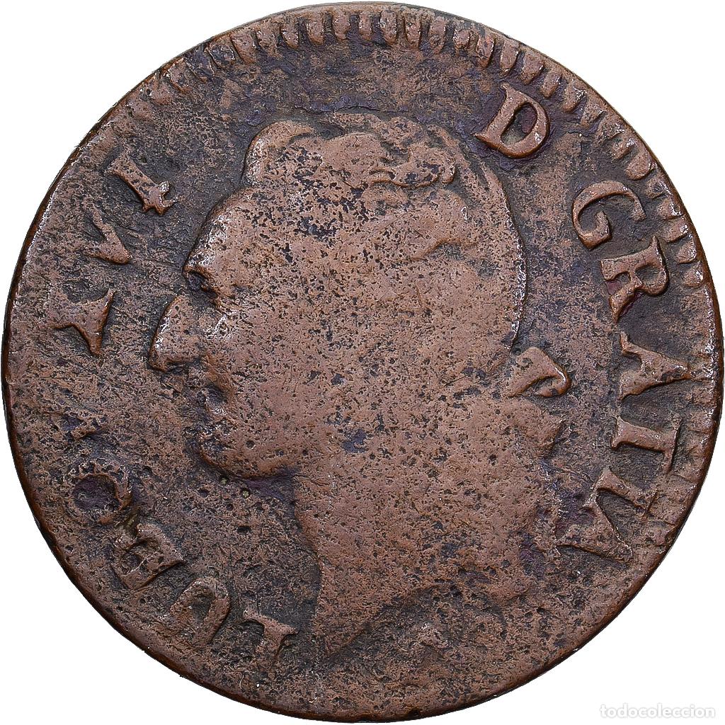Monedas antiguas de Europa: [#1224043] Francia, Louis XVI, 1/2 Sol, 1777, Lille, Cobre, BC+, Gadoury:350, KM:578.16
