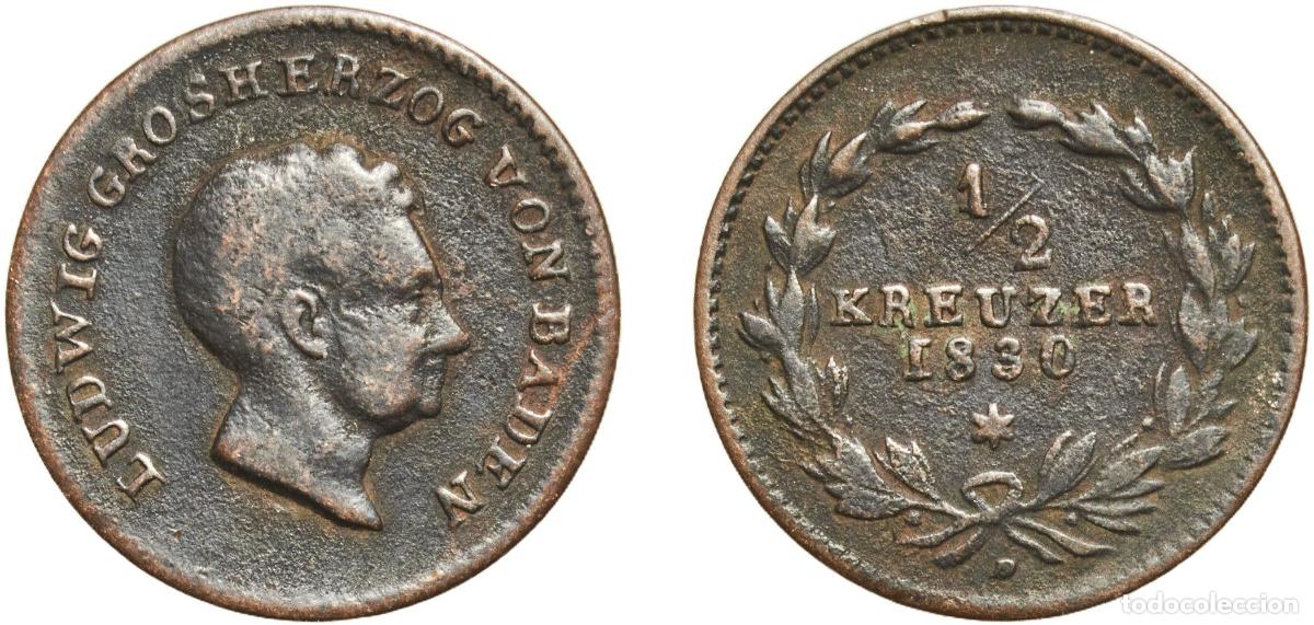 Monedas antiguas de Europa: Germany Grand Duchy of Baden German states 1830 &frac12; Kreuzer - Ludwig I Copper Staatliche M&uuml;nze Baden-
