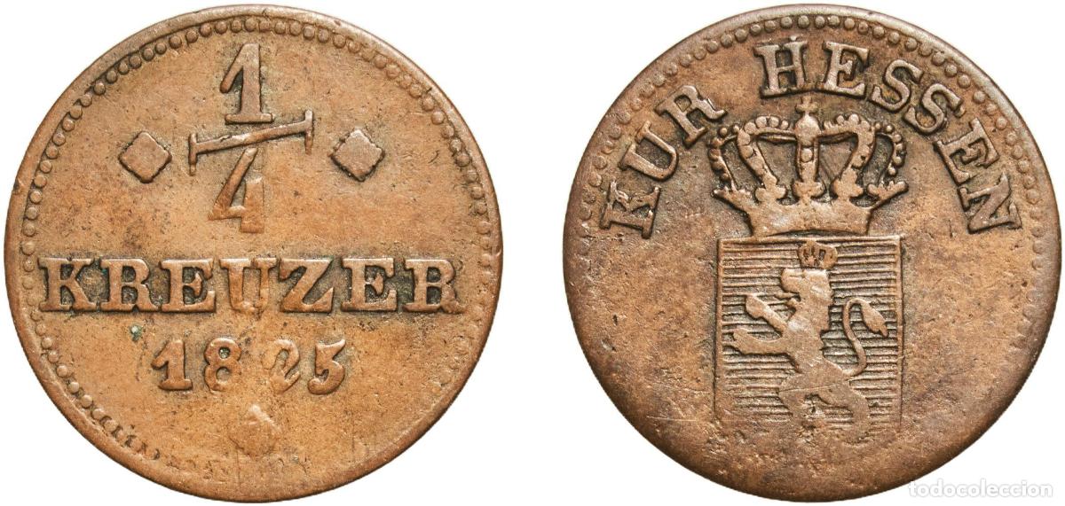 Monedas antiguas de Europa: Germany Upper Hesse, Province of German states 1825 &frac14; Kreuzer - William II Copper Kassel Mint 1.41g