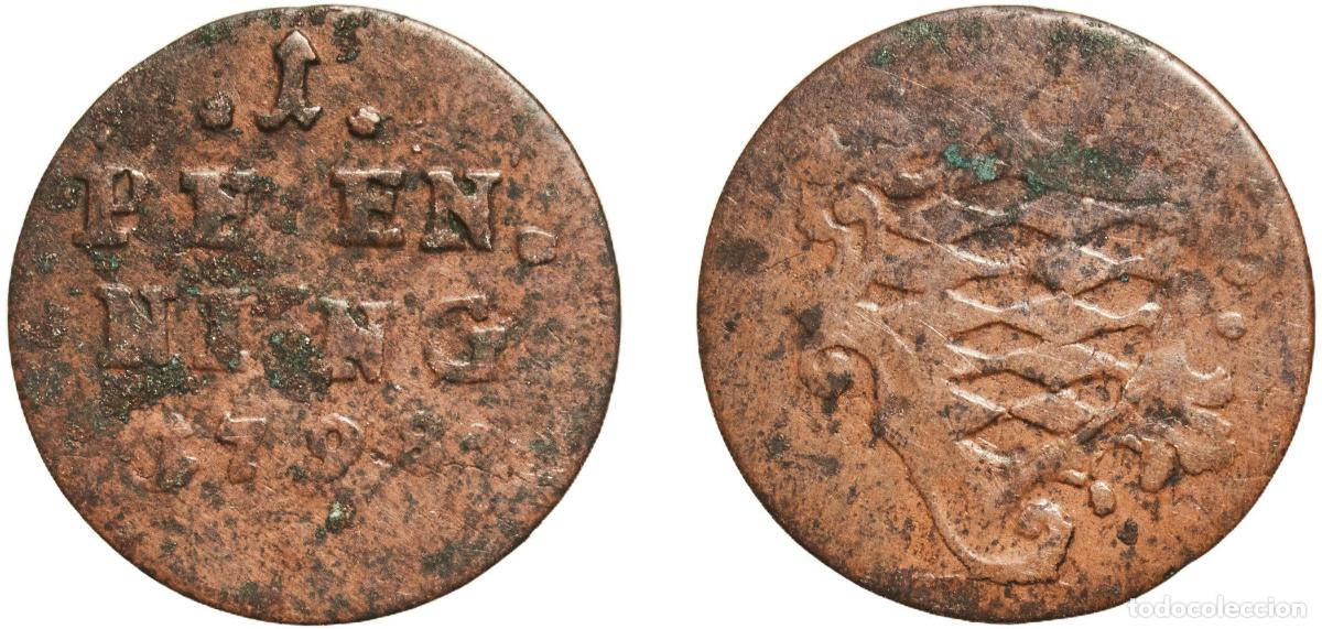 Monedas antiguas de Europa: Germany Electorate of Bavaria German states 1798 1 Pfenning - Karl Theodor Copper Munich Mint 1.1g