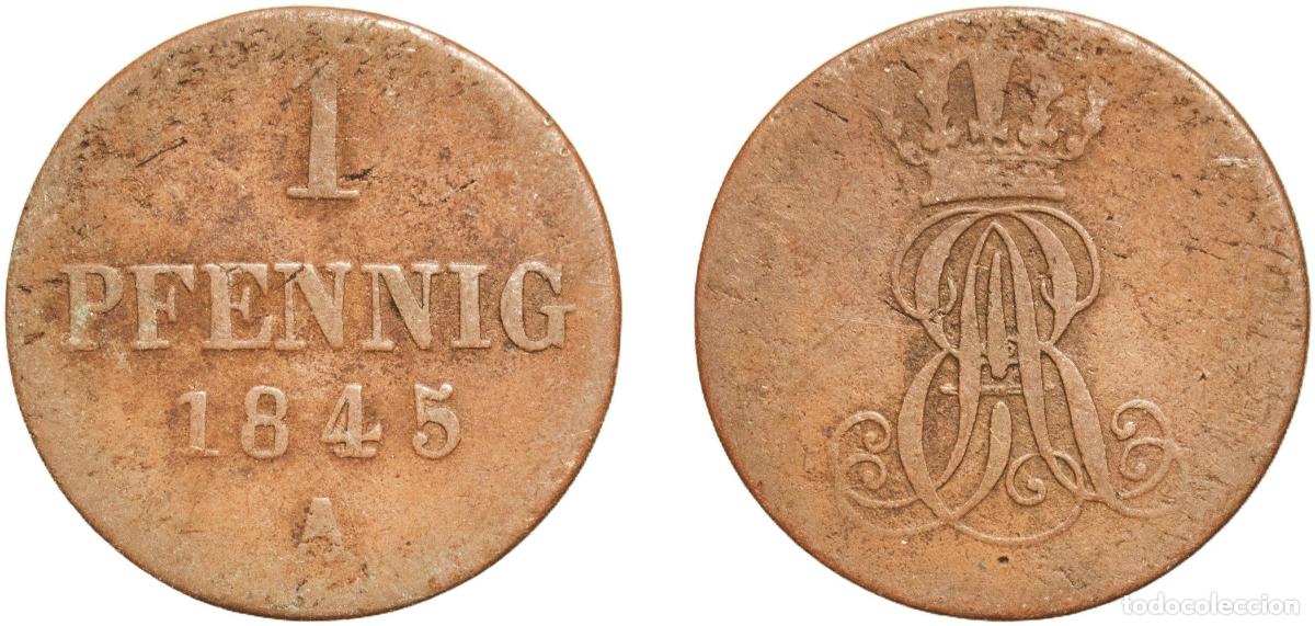 Monedas antiguas de Europa: Germany Kingdom of Hannover German states 1845 A 1 Pfennig - Ernest August Copper Berlin Mint 2.33g
