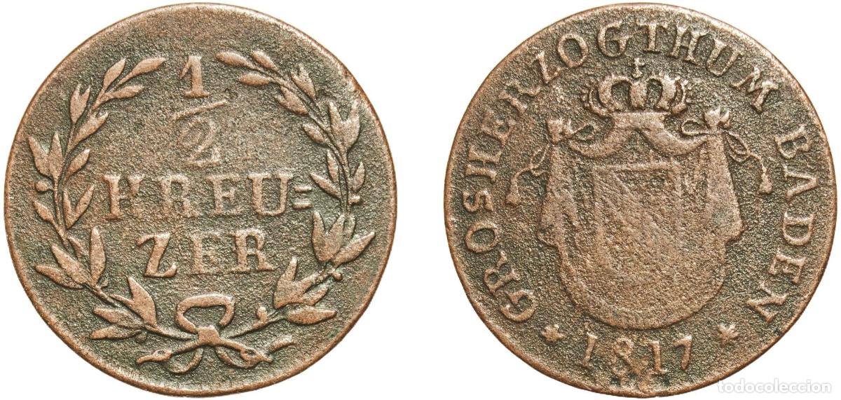 Monedas antiguas de Europa: Germany Grand Duchy of Baden German states 1817 &frac12; Kreuzer - Charles II Louis Frederick Copper Mannh