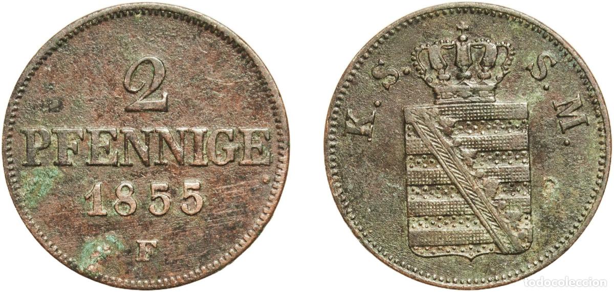 Monedas antiguas de Europa: Germany Kingdom of Saxony German states 1855 2 Pfennige - John Copper Dresden Mint (535575) 3.32g V