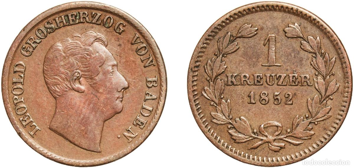 Monedas antiguas de Europa: Germany Grand Duchy of Baden German states 1852 1 Kreuzer - Leopold I Copper Staatliche M&uuml;nze Baden